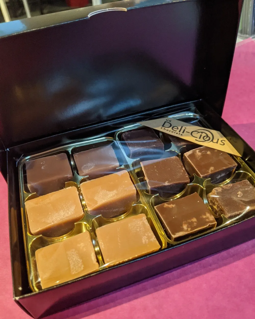 Box of handmade fudge and chocolates